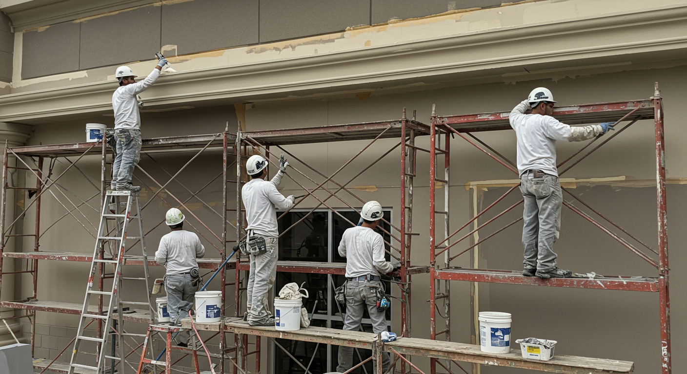 A team of painters working on a large commercial building in Taylor, MI.